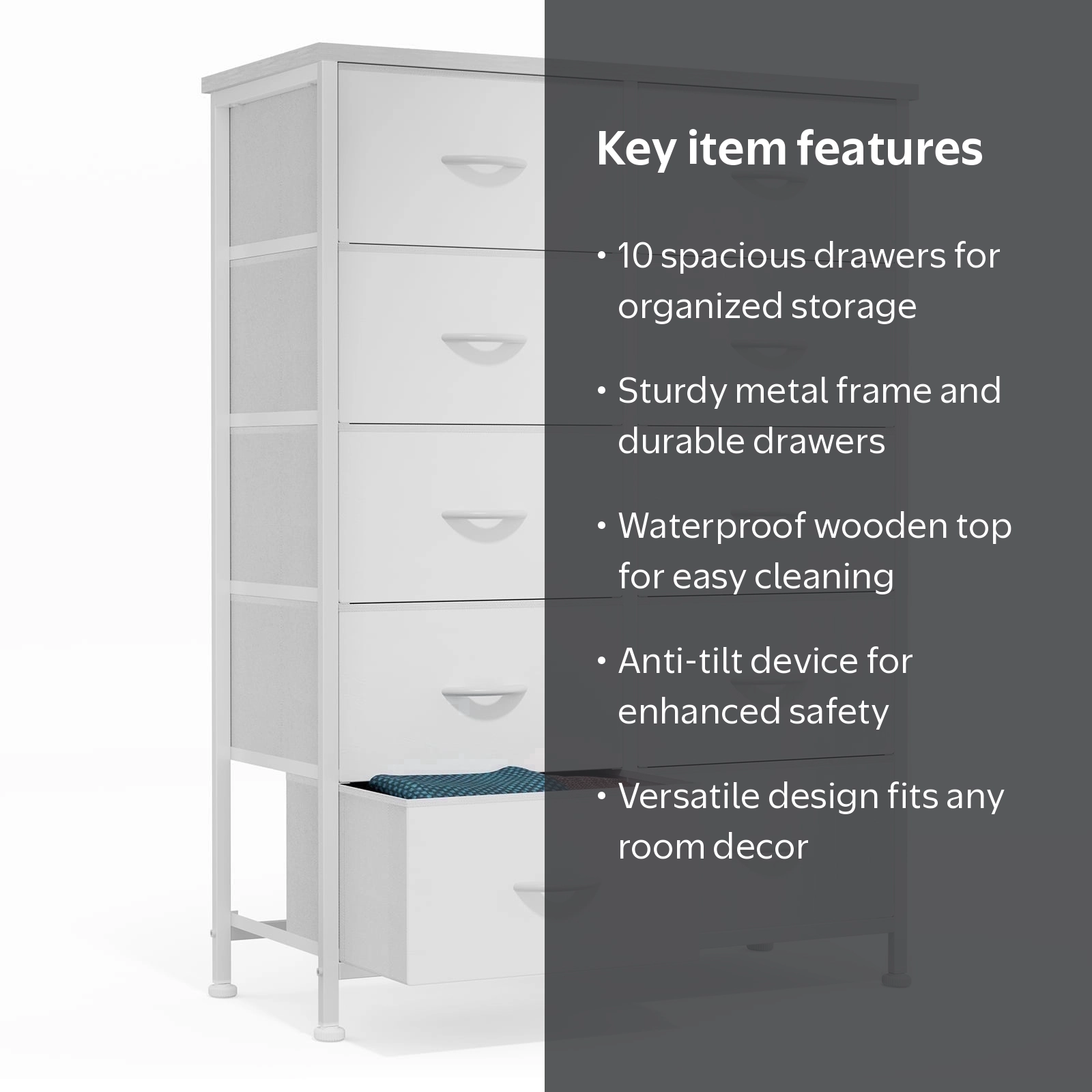 CONCETTA 10-Drawer Fabric Dresser, Tall Storage Organizer for