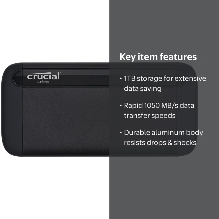 Crucial X8 1TB SSD - 1050 MB/s, USB 3.2, USB-C, USB-A, Portable Crucial X8 1TB SSD - 1050 MB/s, USB 3.2, USB-C, USB-A, Portable