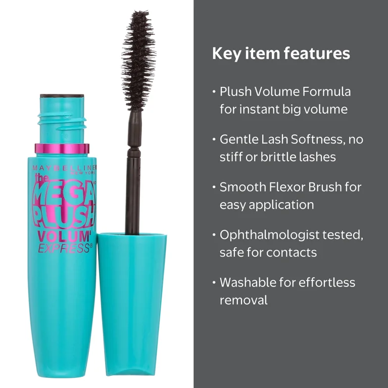 Maybelline, Mascara, Mega Plush Washable, Blackest Black - Walmart.com