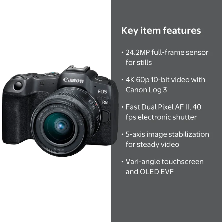 Canon EOS R8 Mirrorless Camera, RF 24-50mm Lens, 4K60p Video, 64GB