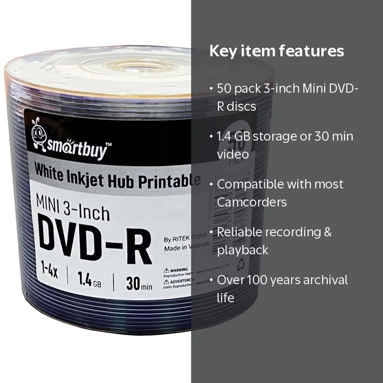 50 Pack Smartbuy Mini DVD-R 3 inch 8cm 4X 1.4 GB 30 Min Blank
