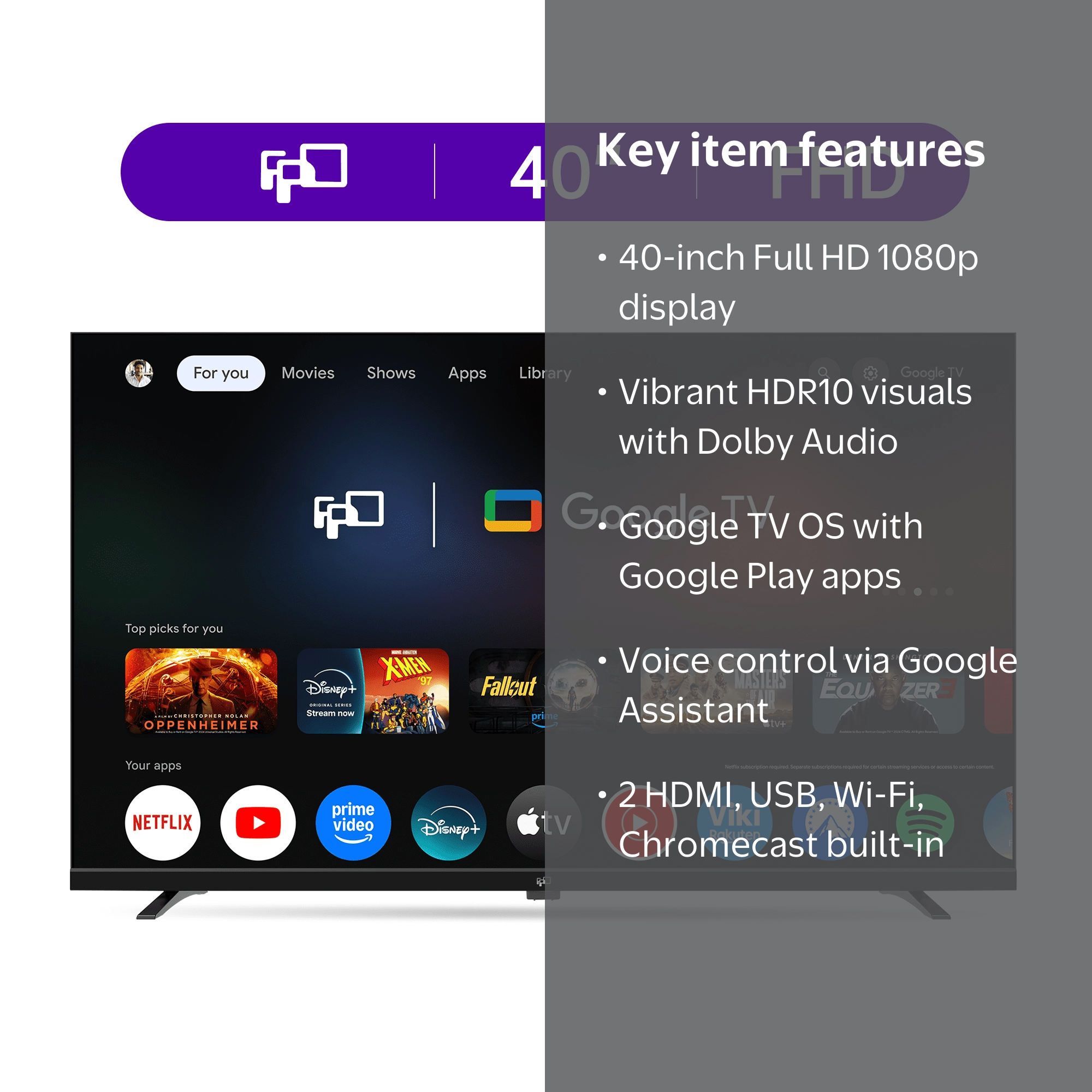 FPD 40-inch Google TV Smart OS 2025 Full HD 1080p HDR10 & Dolby