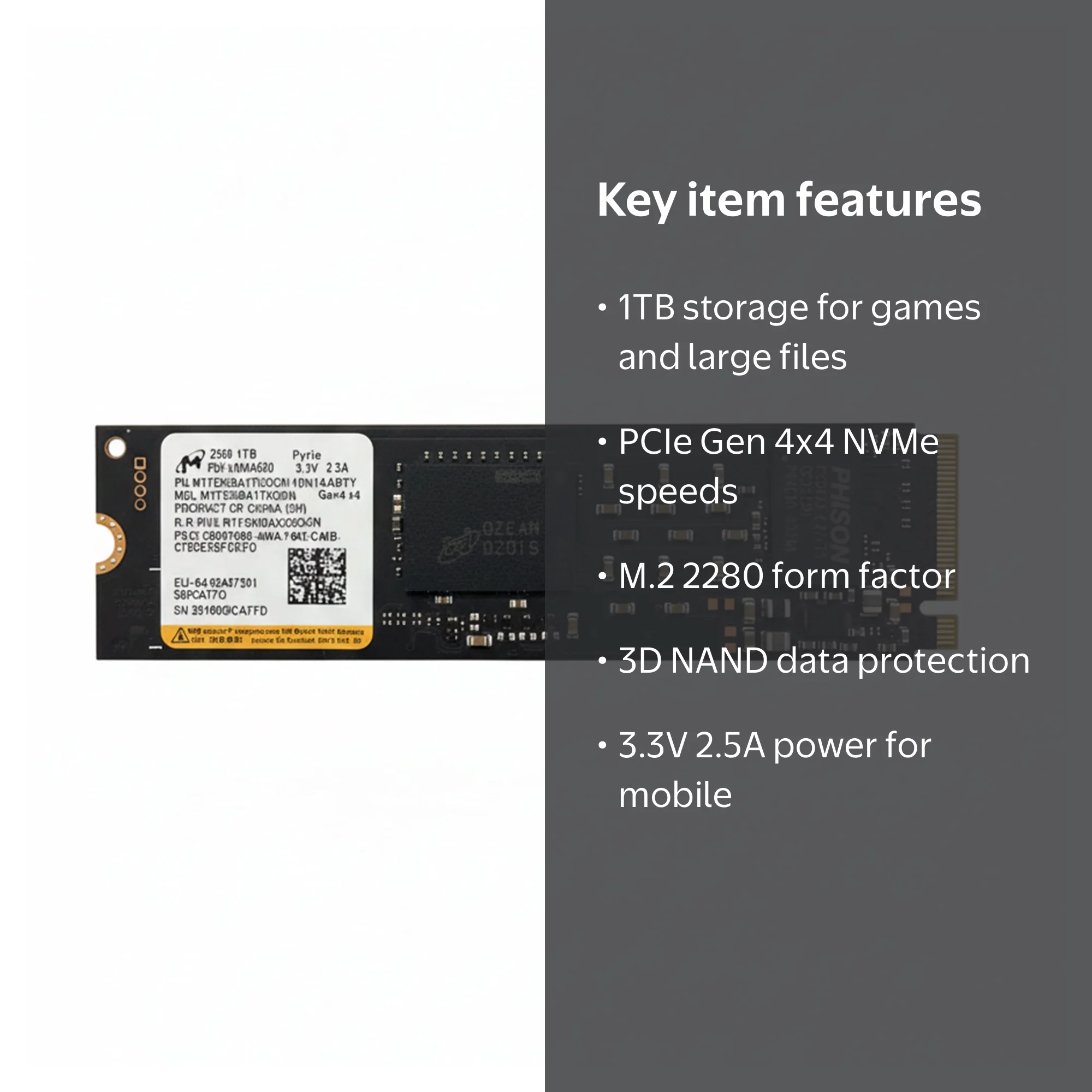 Micron 2500 1TB m.2 NVMe Gen 4x4 3.3V 2.5A 2280 Solid State SSD