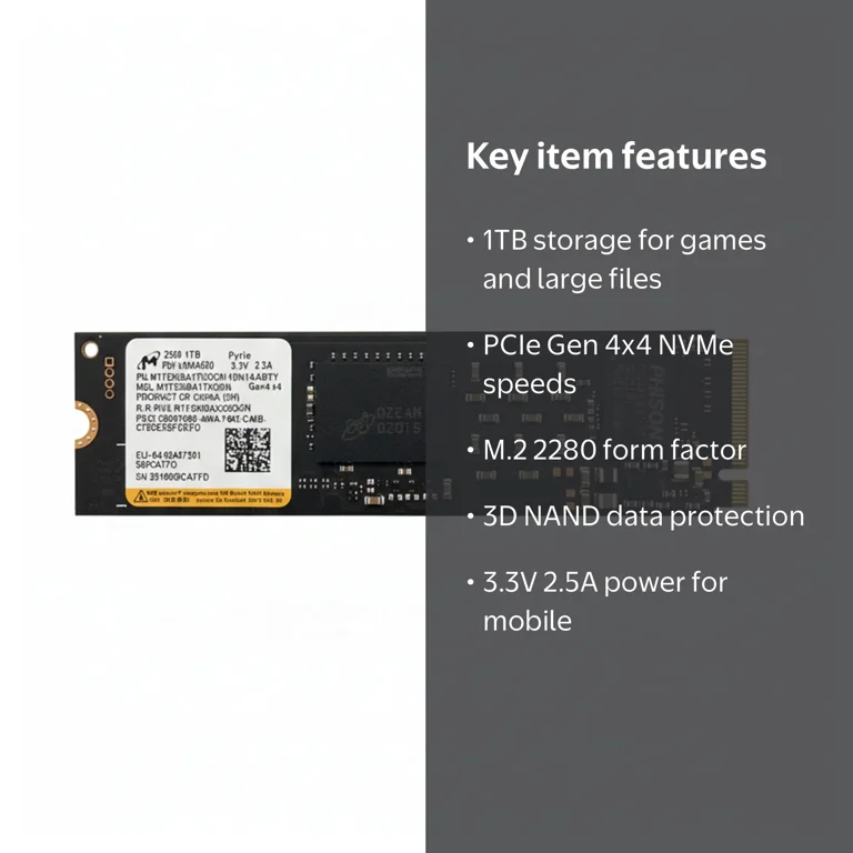 Micron 2500 1TB m.2 NVMe Gen 4x4 3.3V 2.5A 2280 Solid State SSD