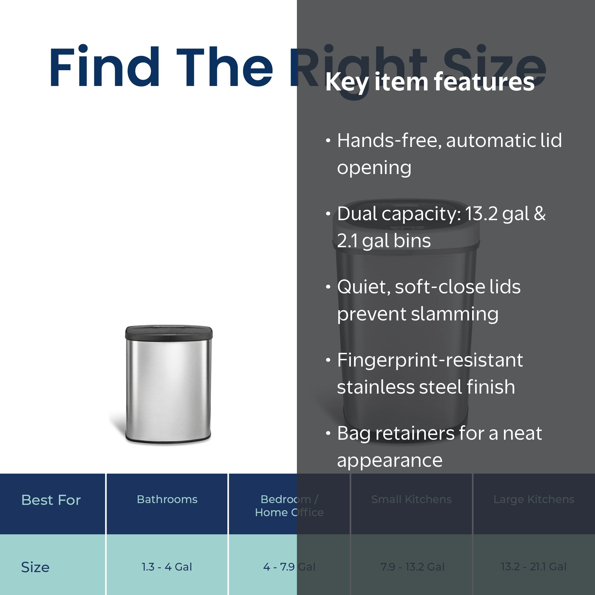 Nine Stars Automatic Kitchen Trash Can Combo, 13 & 2 Gal Stainless