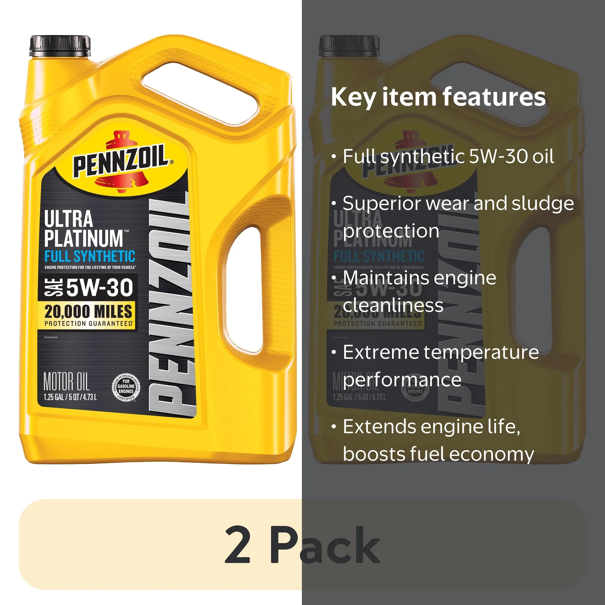 2 pack) Pennzoil Ultra Platinum Full Synthetic 5W-30 Motor Oil, 5