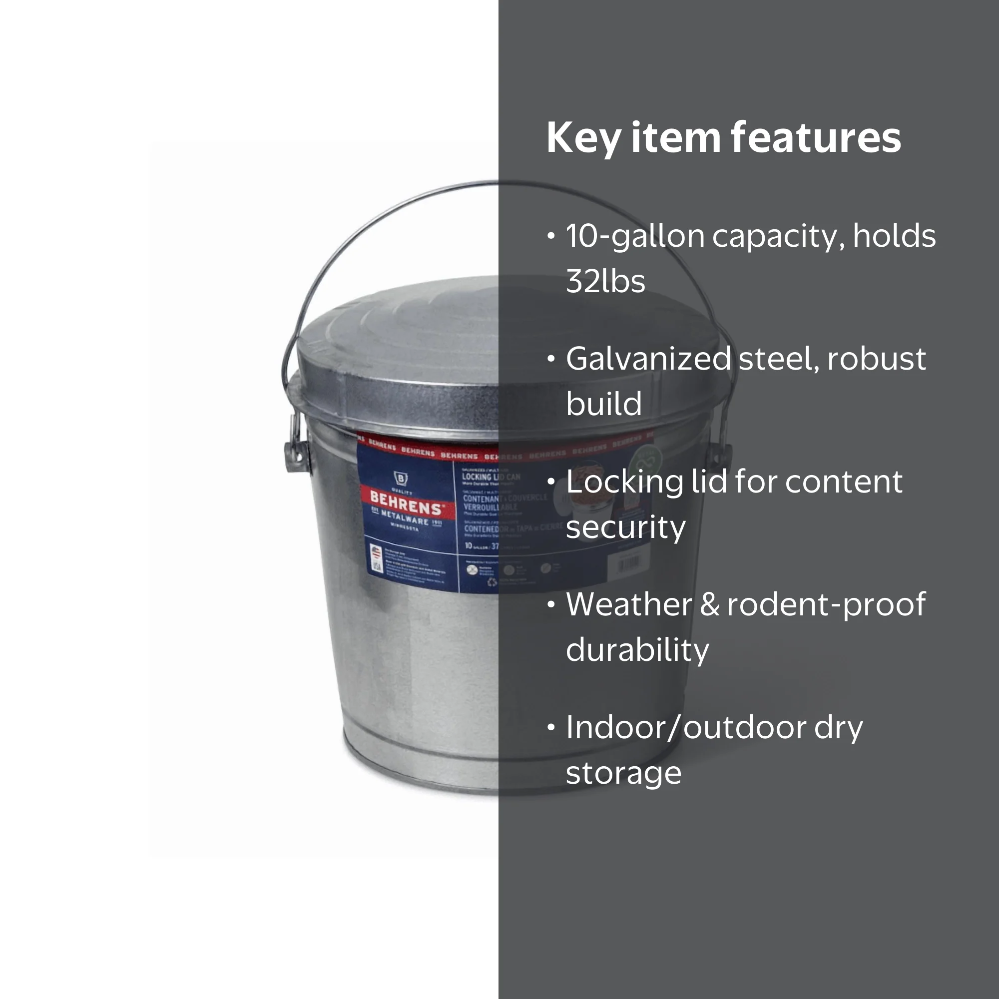 Behrens 10-Gallon Large Handle Metal Bucket, Galvanized Steel