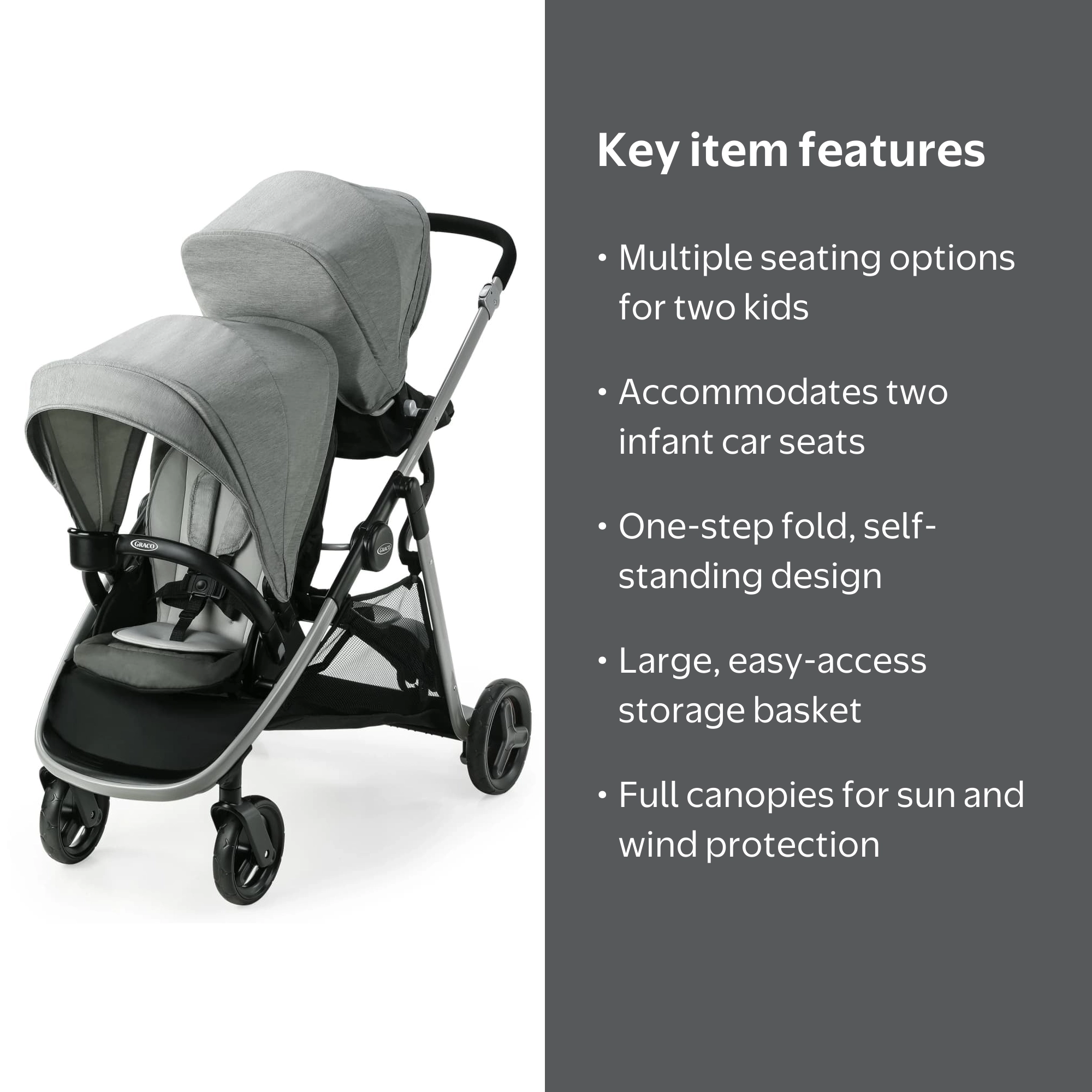 Graco, Double Stroller, Ready2Grow LX 2.0, Grey, Includes Bench