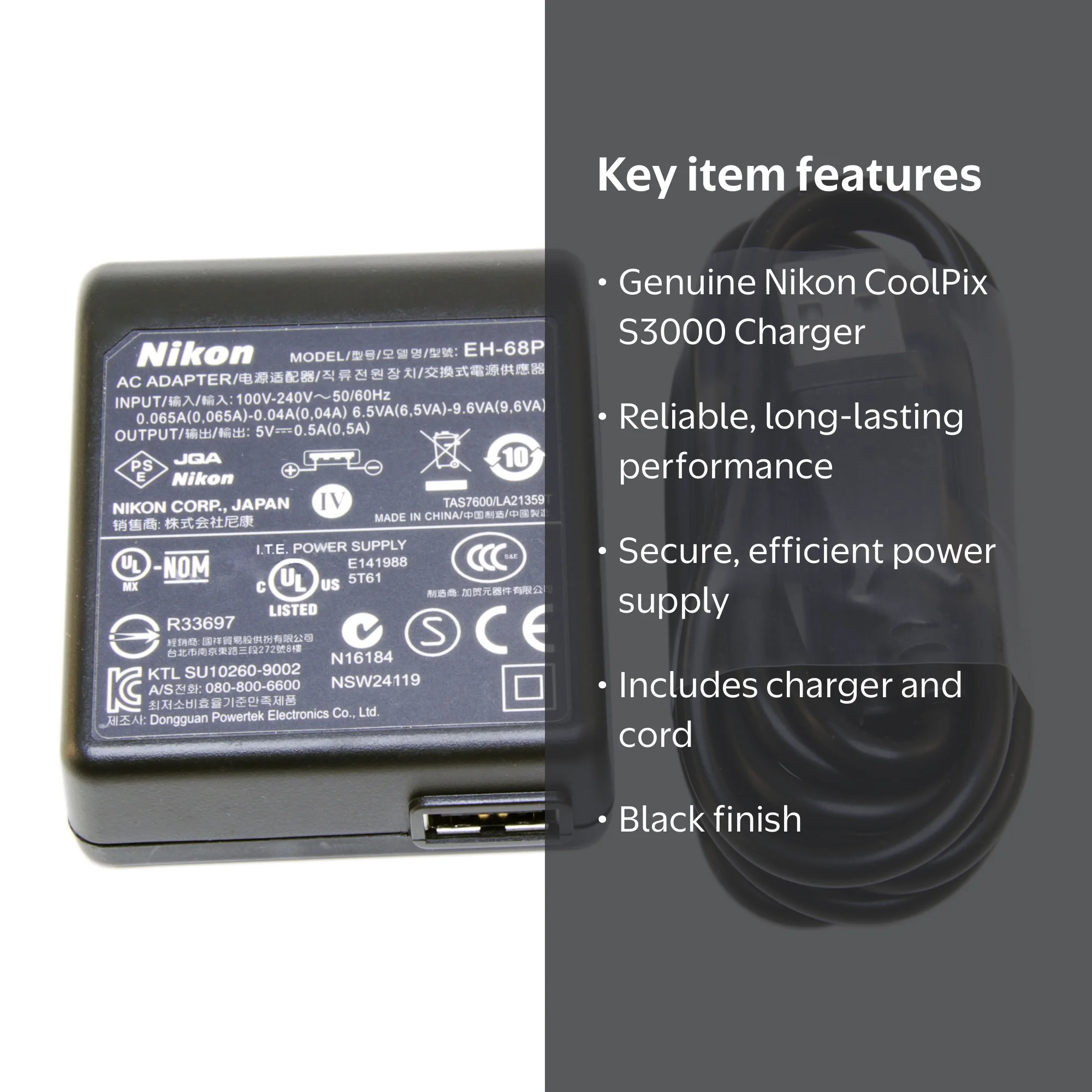 Genuine Original NIKON Power Adapter AC Charger, 5V 0.5A 2.5W, for