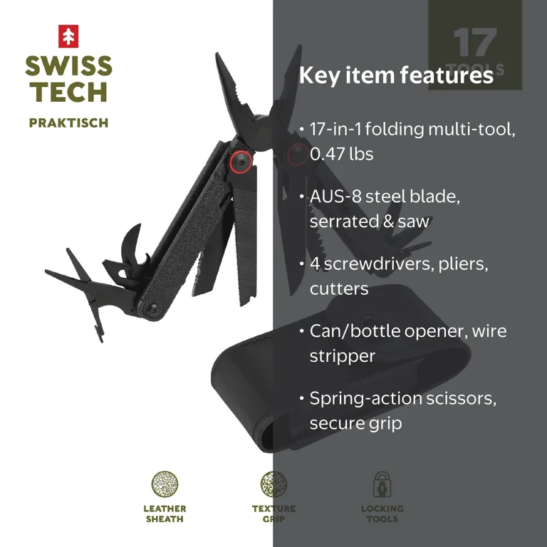 Swiss Tech Praktisch Aus-8 Steel 17-in-1 Folding Multi Tool with