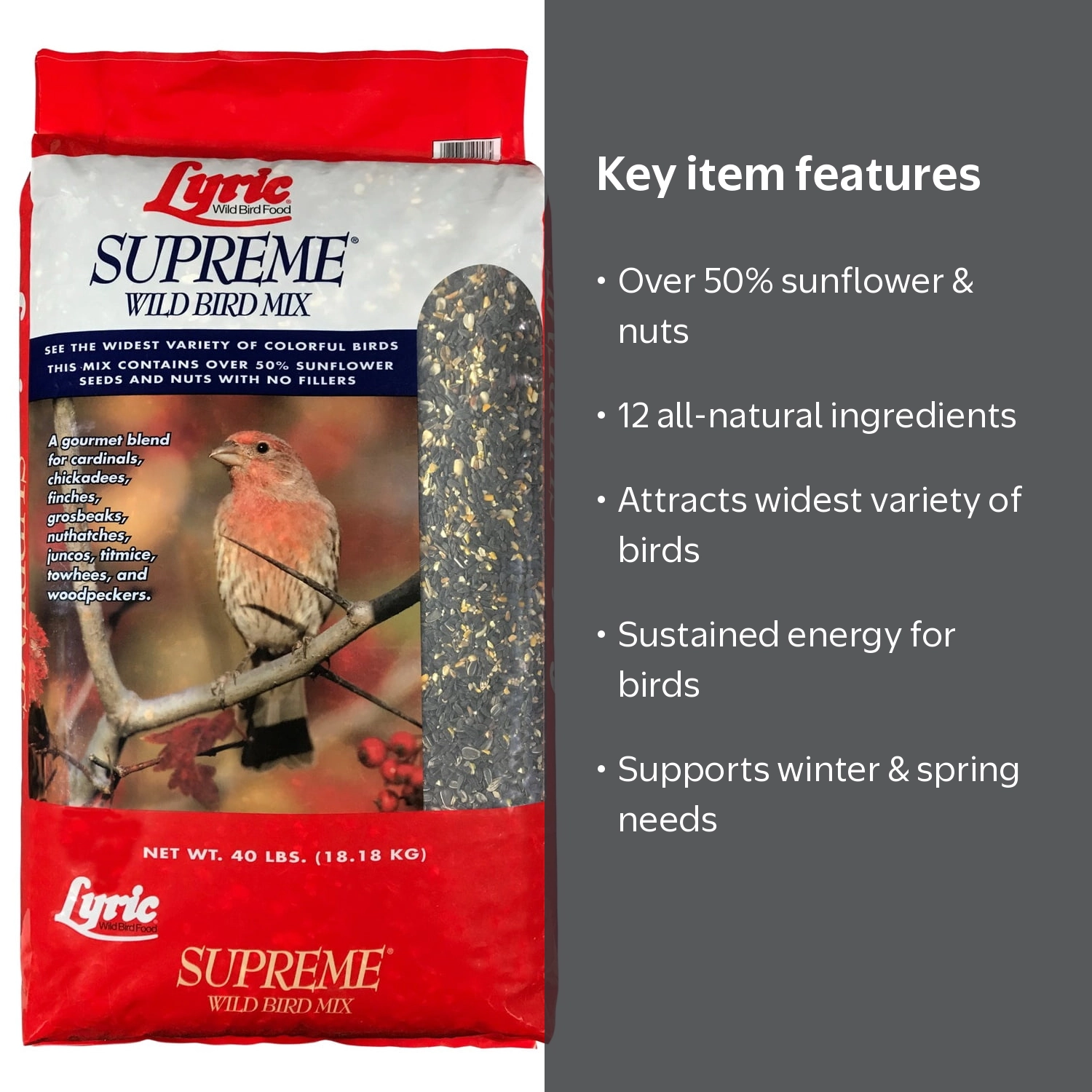 Lyric, Wild Bird Seed, 40 lb Bag, Contains Nuts & Sunflower Seeds