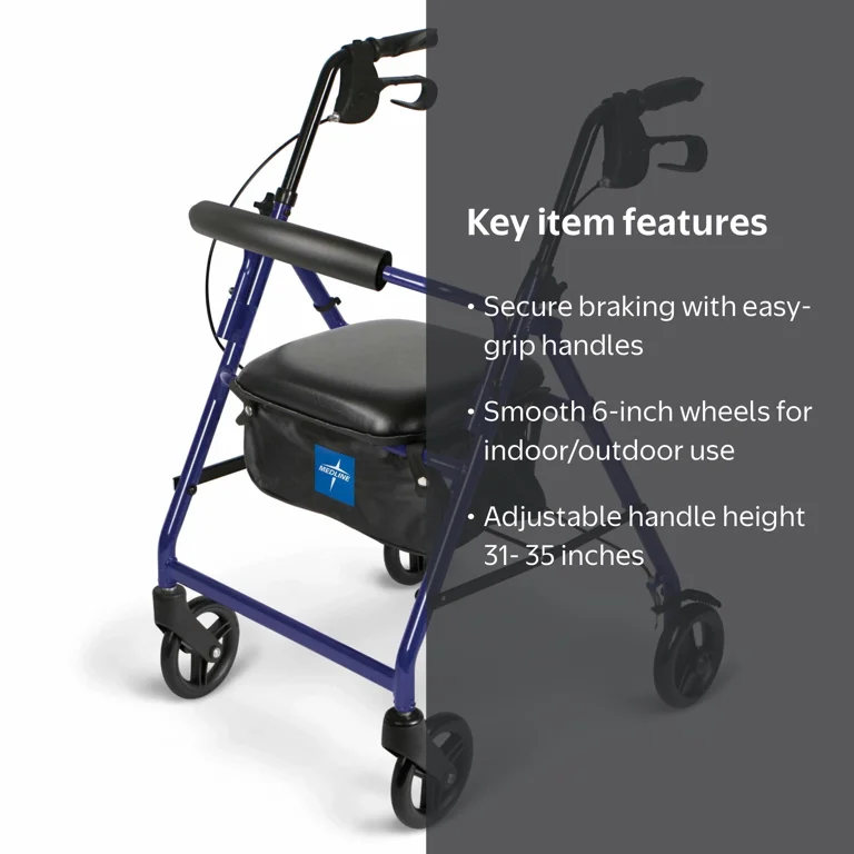 Medline Lightweight Aluminum Rollator, Folding Rolling Walker, 6