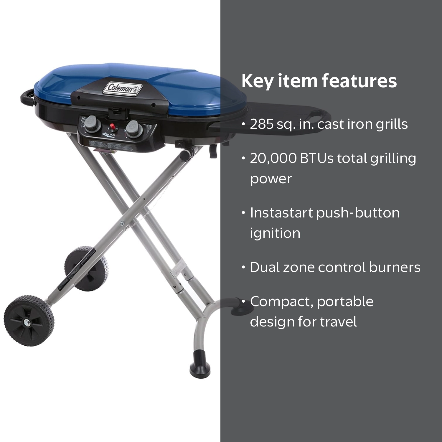 Coleman, Grill, 2 Burners, 285 sq in, Blue, Portable Stand Up