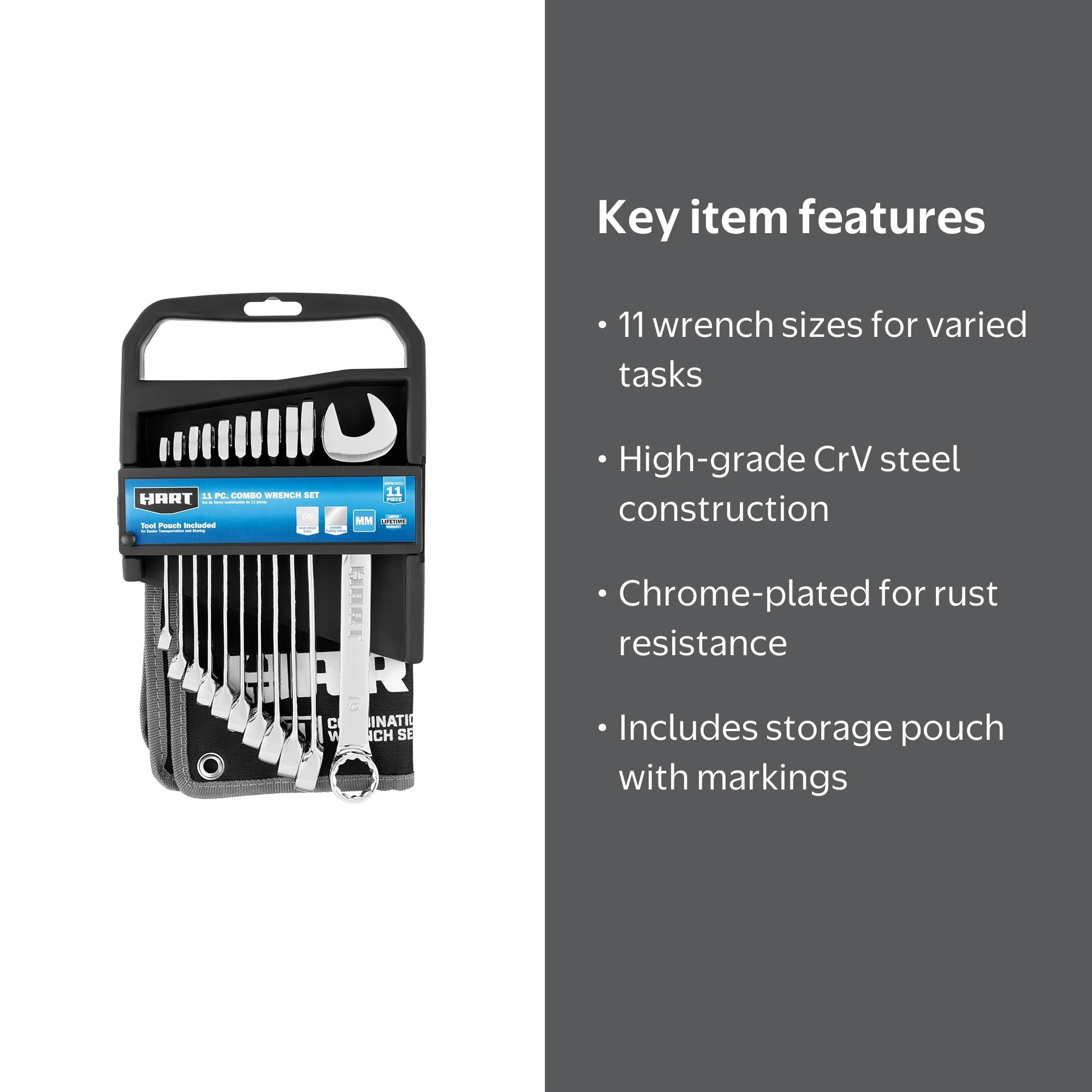 HART 11-Piece MM Combination Wrench Set with Tool Pouch, Chrome