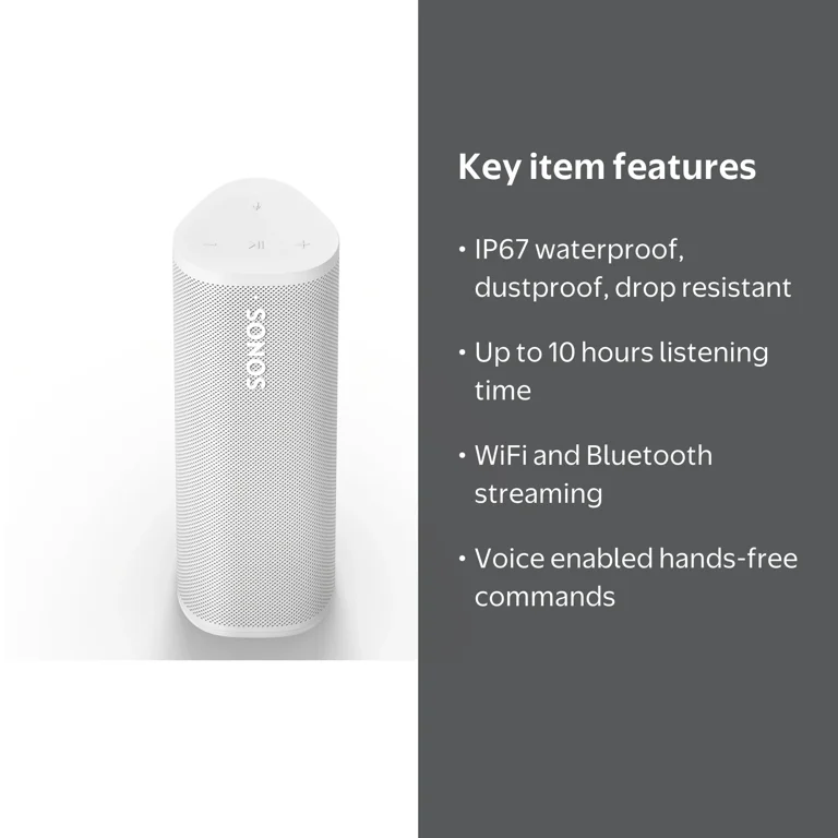 Sonos, Portable Waterproof Bluetooth Speaker, Roam 2, White