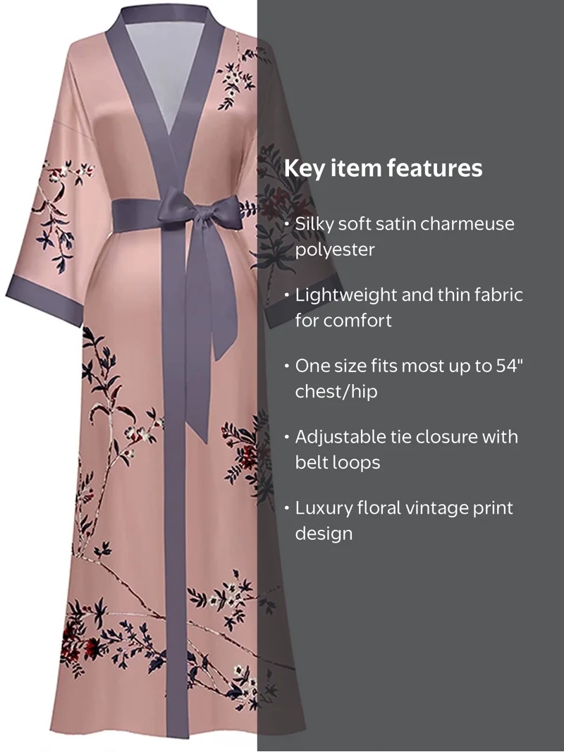 floor length kimono dressing gown Amitofo Long Silk Robes for Women Lightweight Silky Satin Floral Bathrobe Soft Cozy Ladies Housecoat Loungewear, Women's, Size: One size, Pink Vertical drying (on a hanger) Ulivary Floral Olive Kimono Robe