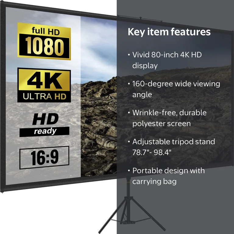 VEVOR Tripod Projector Screen with Stand 80 inch 4K HD 16:9 Home