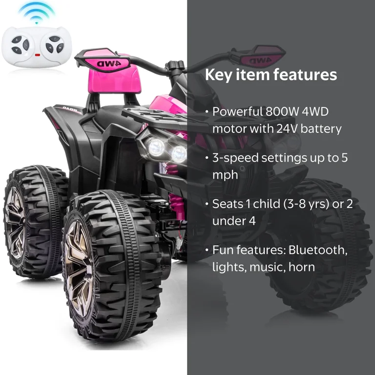 JOYRACER, 4WD Ride On ATV, Pink, 24V with Bluetooth LED Lights