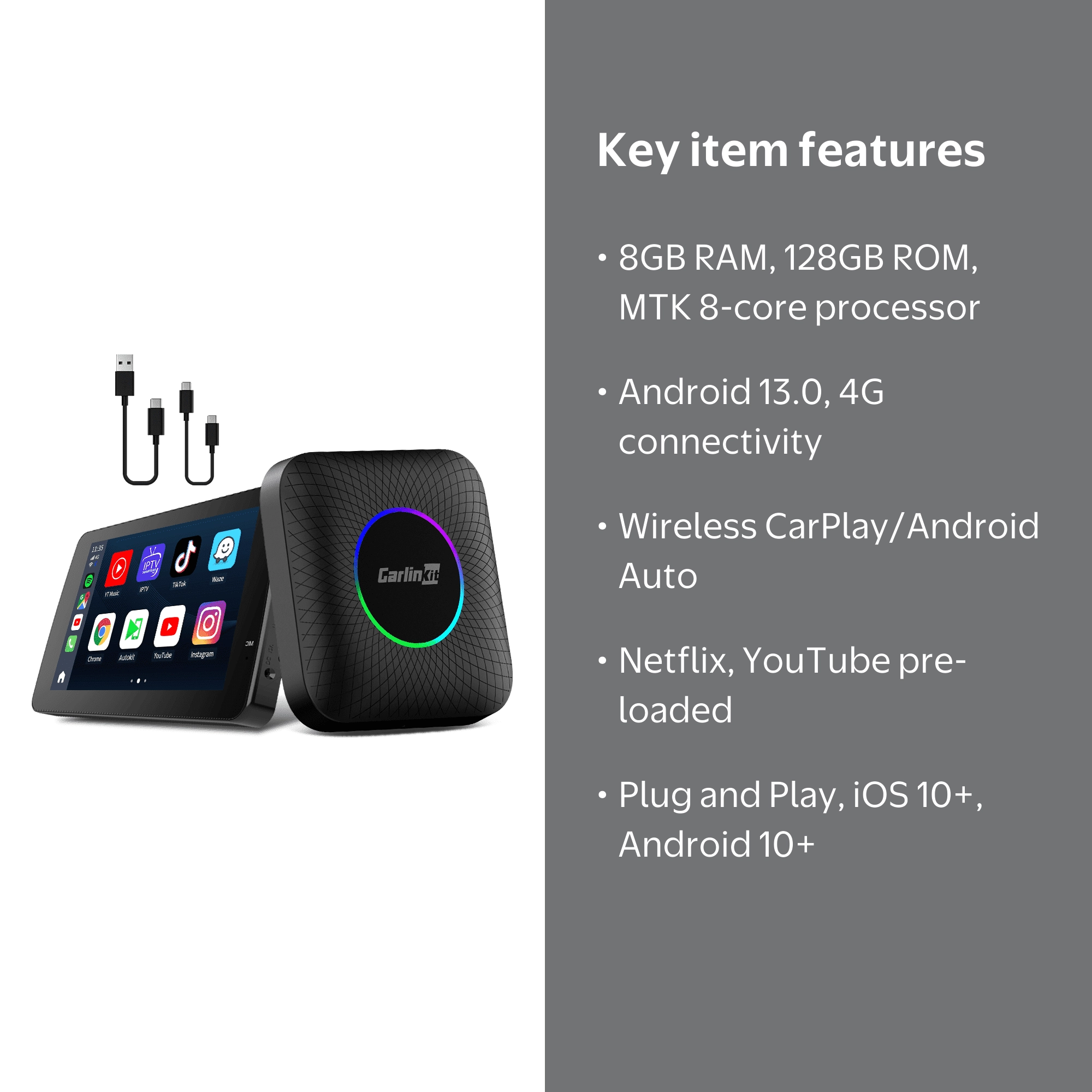 Carlinkit AI Box Android 13 - Wireless CarPlay Adapter, 8GB+128GB