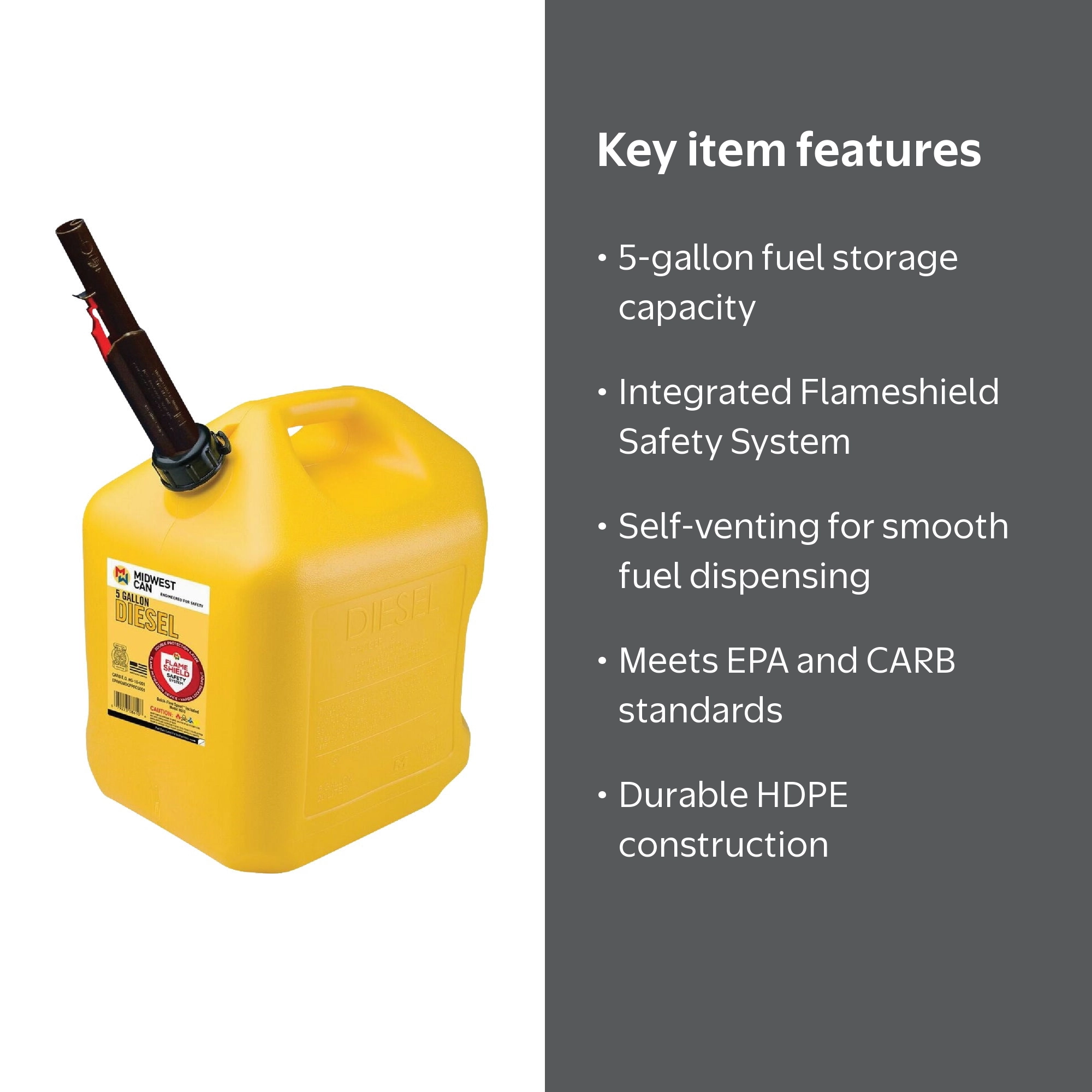 Midwest Can 5 Gallon Yellow Diesel Fuel Tank, HDPE Plastic with