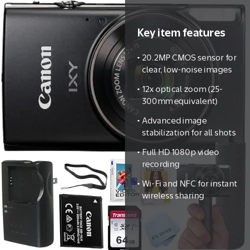 Canon PowerShot IXY 650 (ELPH 360) HS Digital Camera + 64GB Memory