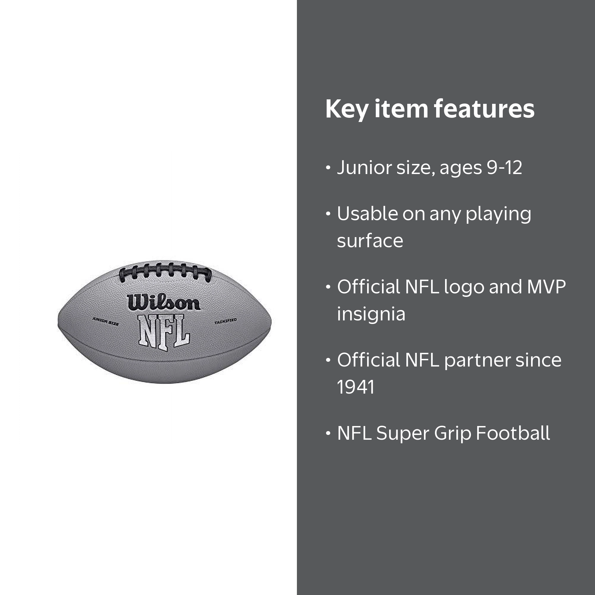 Wilson NFL Super Grip Football - Gray, Junior Size (Ages 9-12