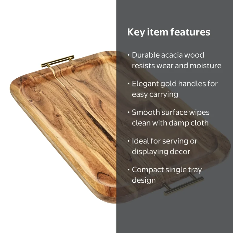 Better Homes & Gardens Acacia Wood Tray with Gold Handles