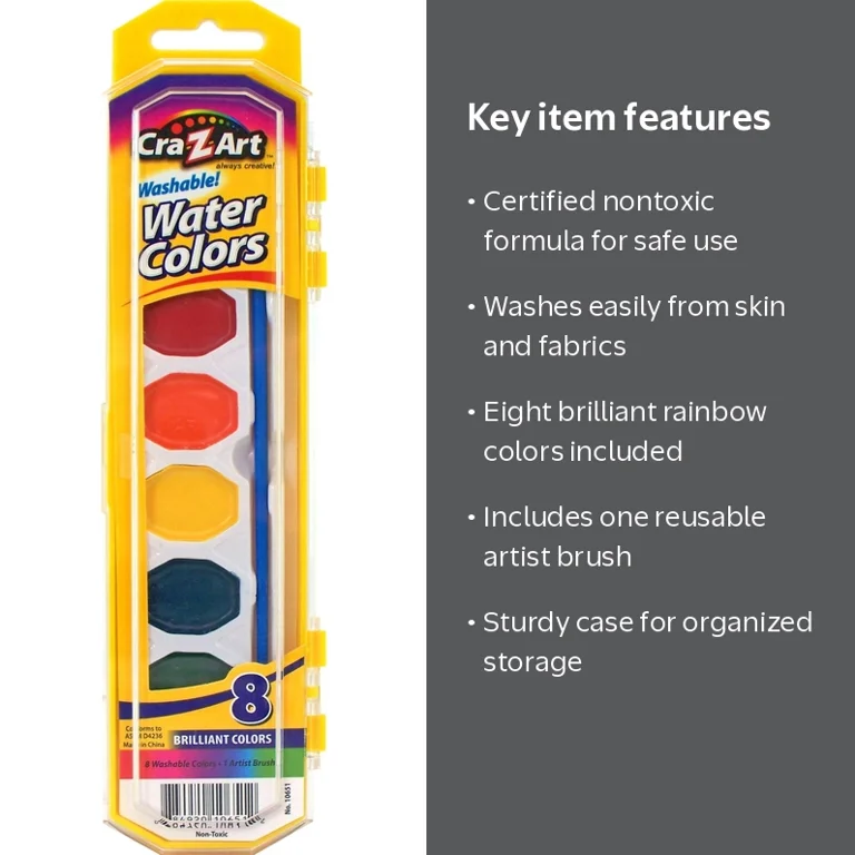 Cra-Z-Art, Washable Watercolor Paints, 8 Colors, with Brush