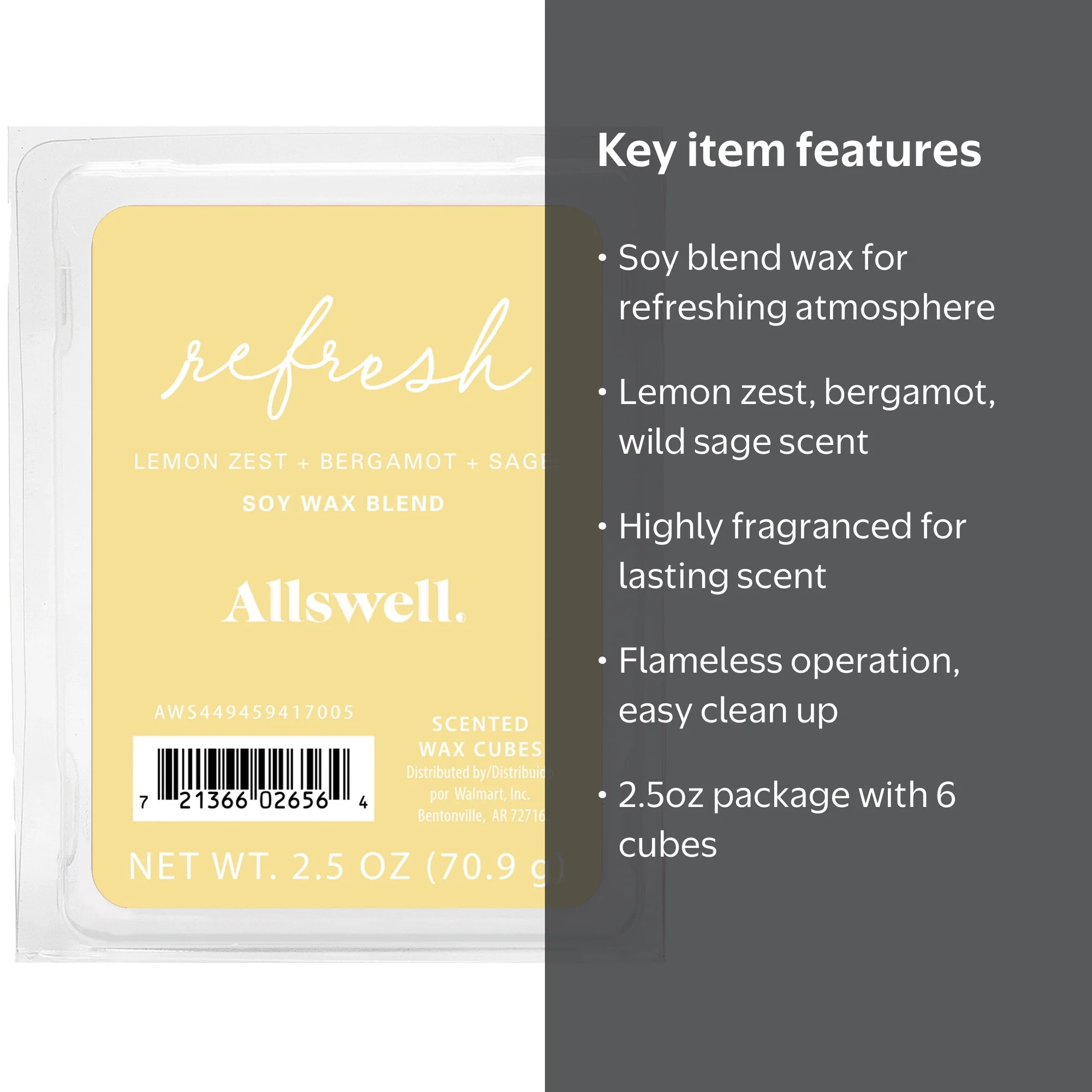 アスミール10袋 Allswell Wax Melts Refresh 6-Cube Lemon Zest Bergamot Sage Scent