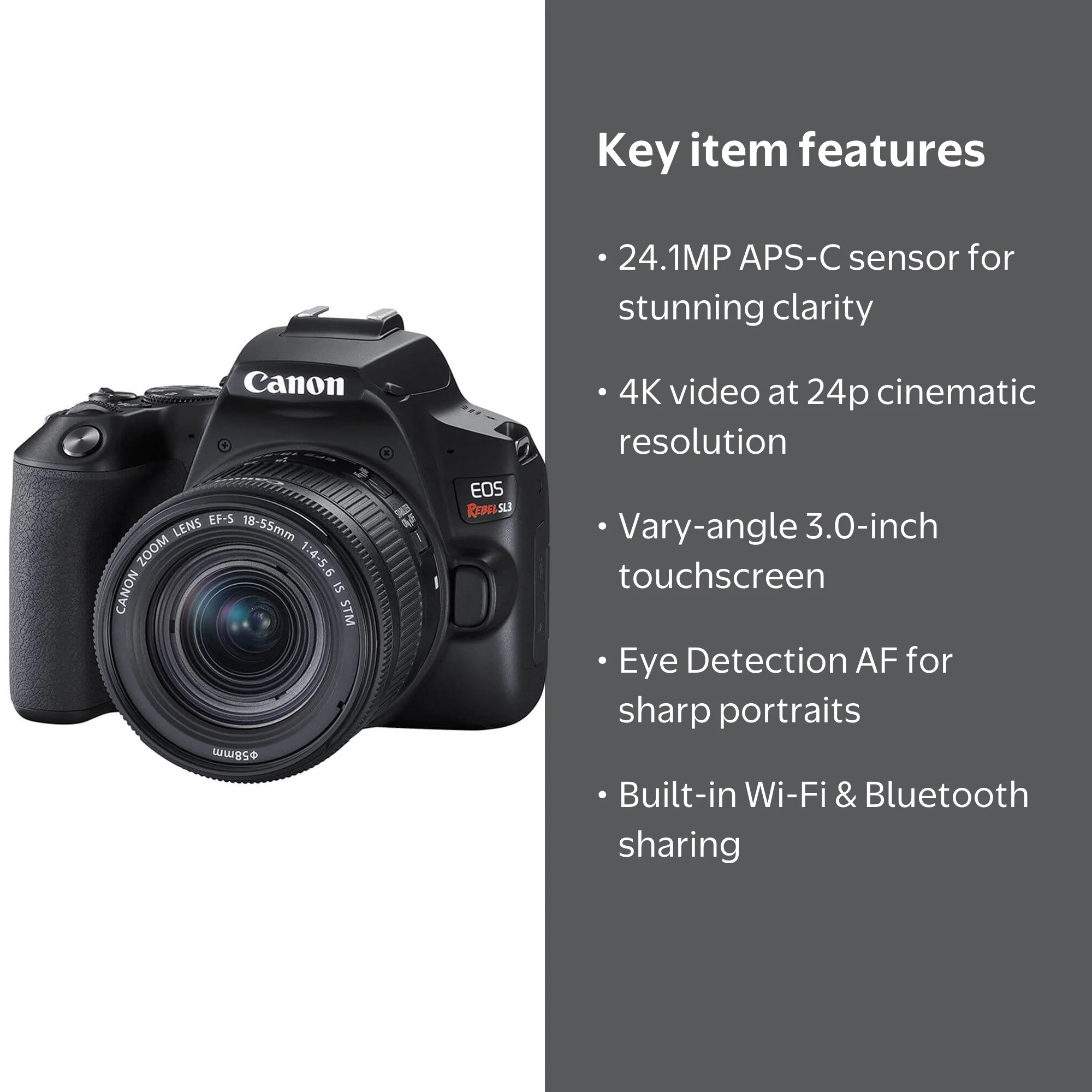 Canon EOS Rebel SL3 DSLR Camera, 24.1MP, 4K Video, Black, EF-S 18