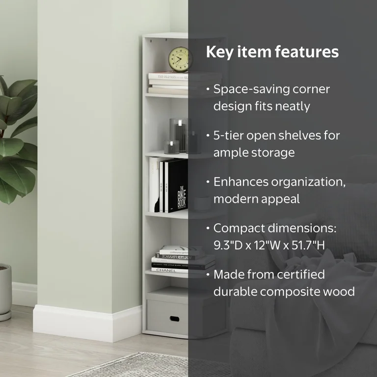 Furinno, Corner Open Shelf Bookcase, 5-Tier, White - Walmart.com