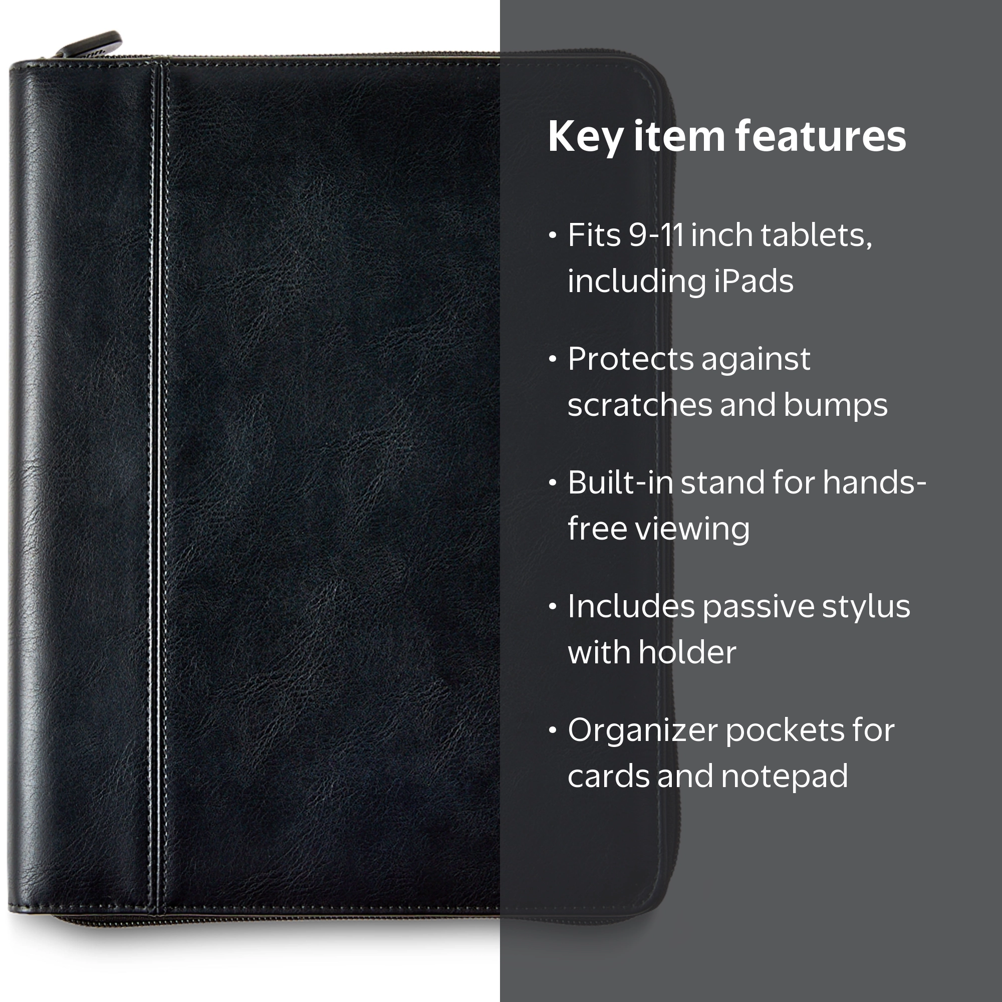 onn Black Vegan Leather Zippered Tablet Folio Case with Stylus for
