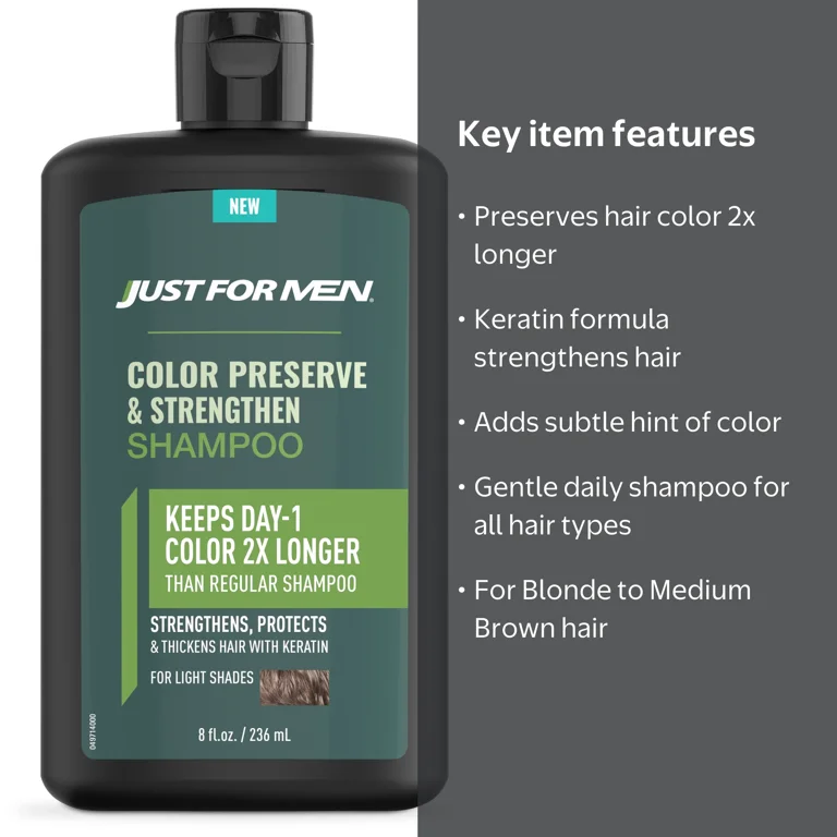 Just For Men, Color Preserve & Strengthen Shampoo, 8 oz, Light