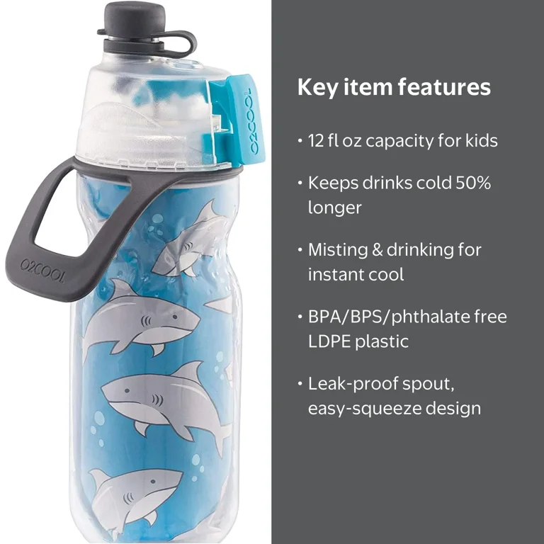 O2COOL, Kids Hydration Water Bottle, 12 fl oz, Sharks Design