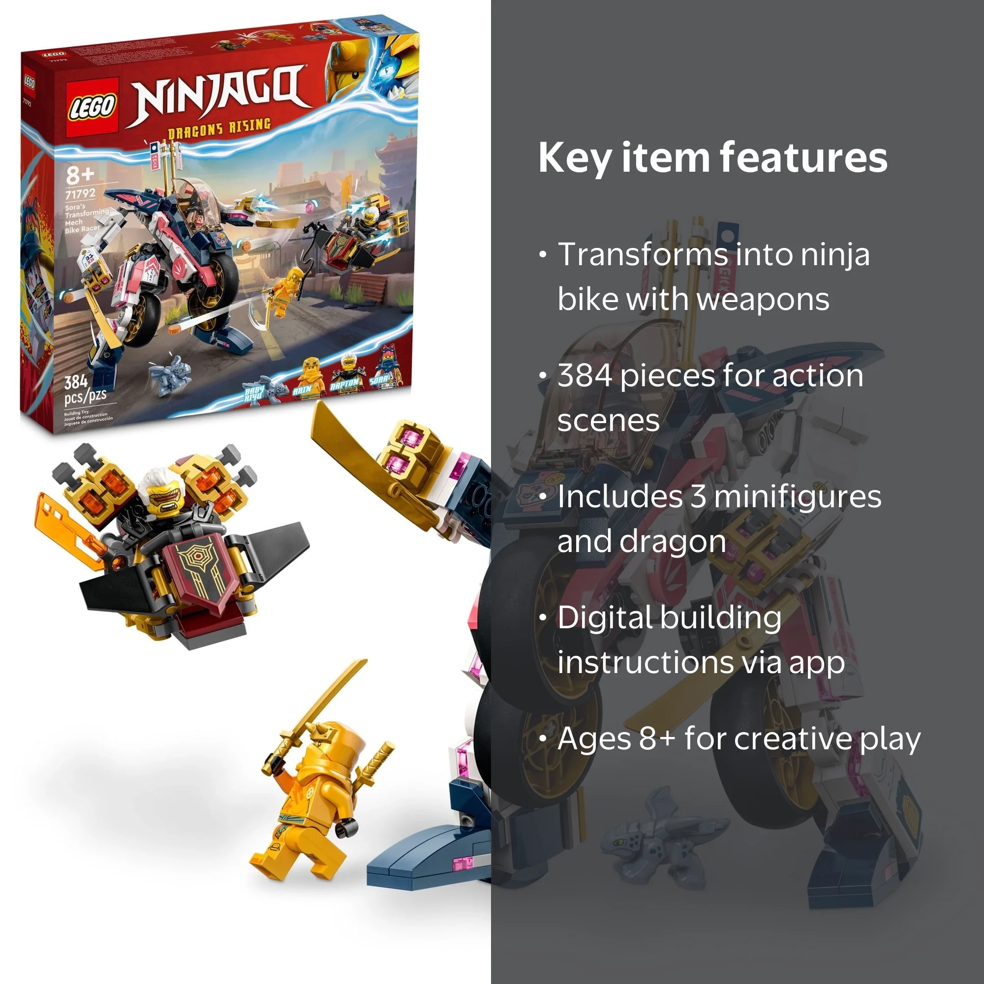 LEGO NINJAGO Sora‚Äôs Transforming Mech Bike Racer 71792 Set, 3