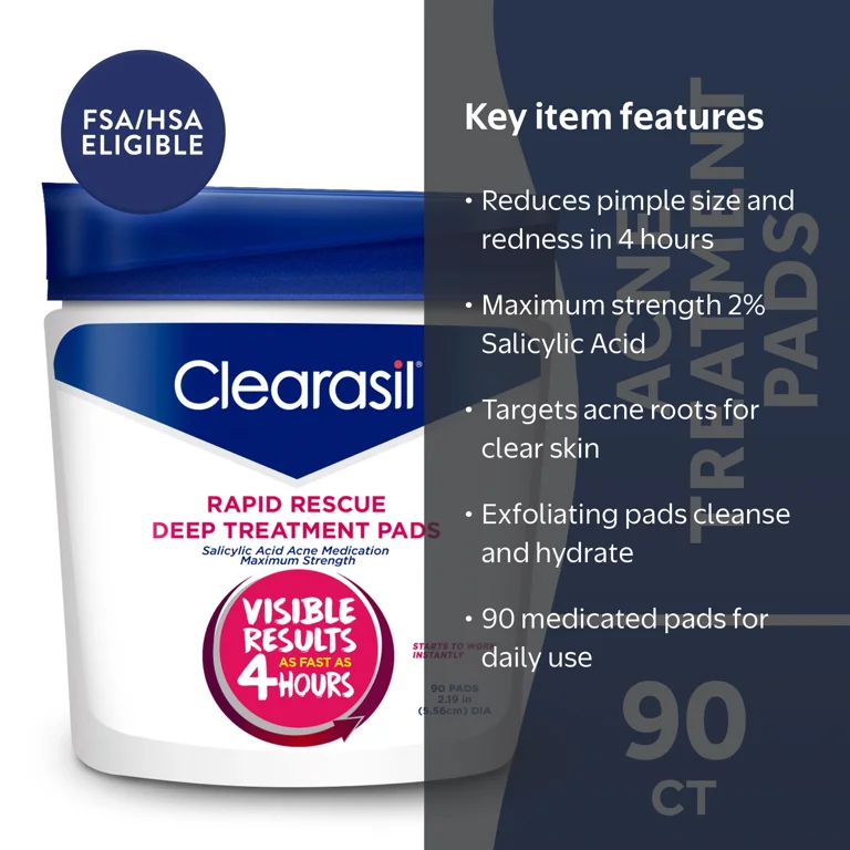 Clearasil Salicylic Acid Rapid Rescue Deep Treatment Acne Pads, 90