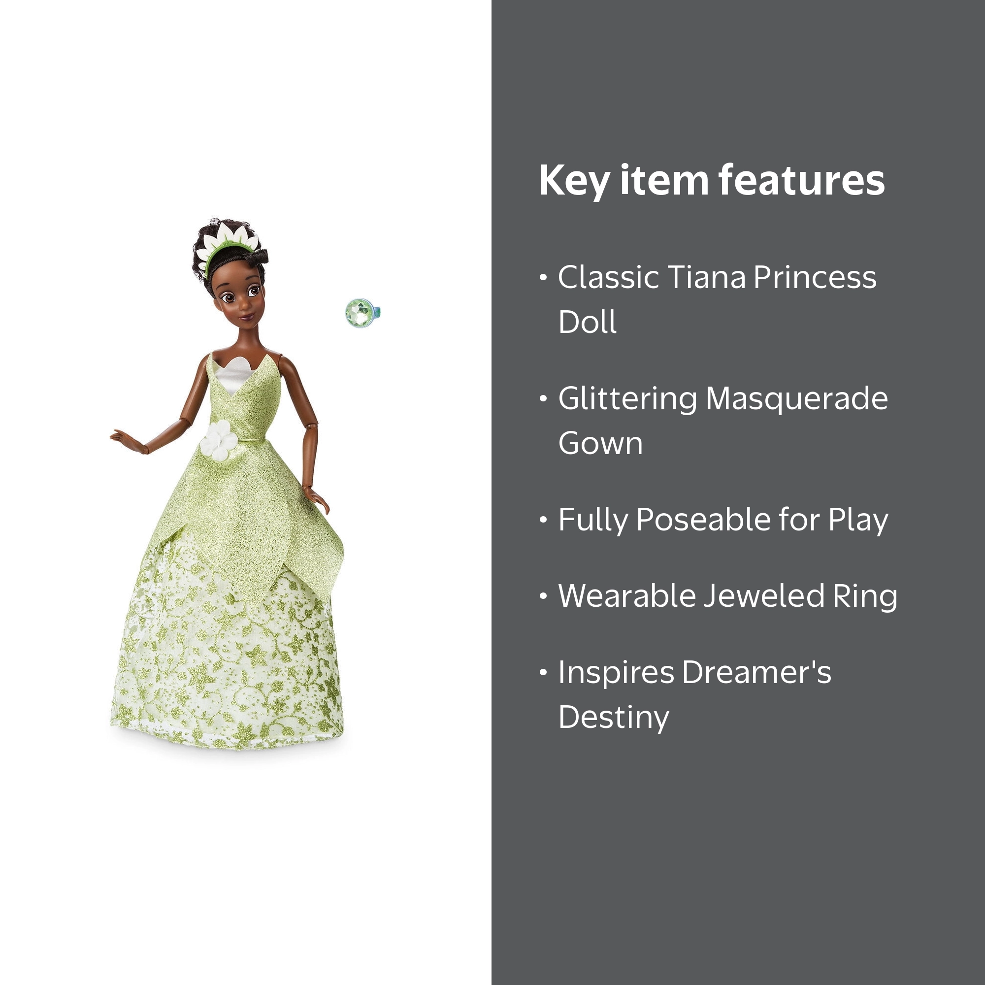 Disney Princess Tiana Classic Doll, Poseable with Glittering Green