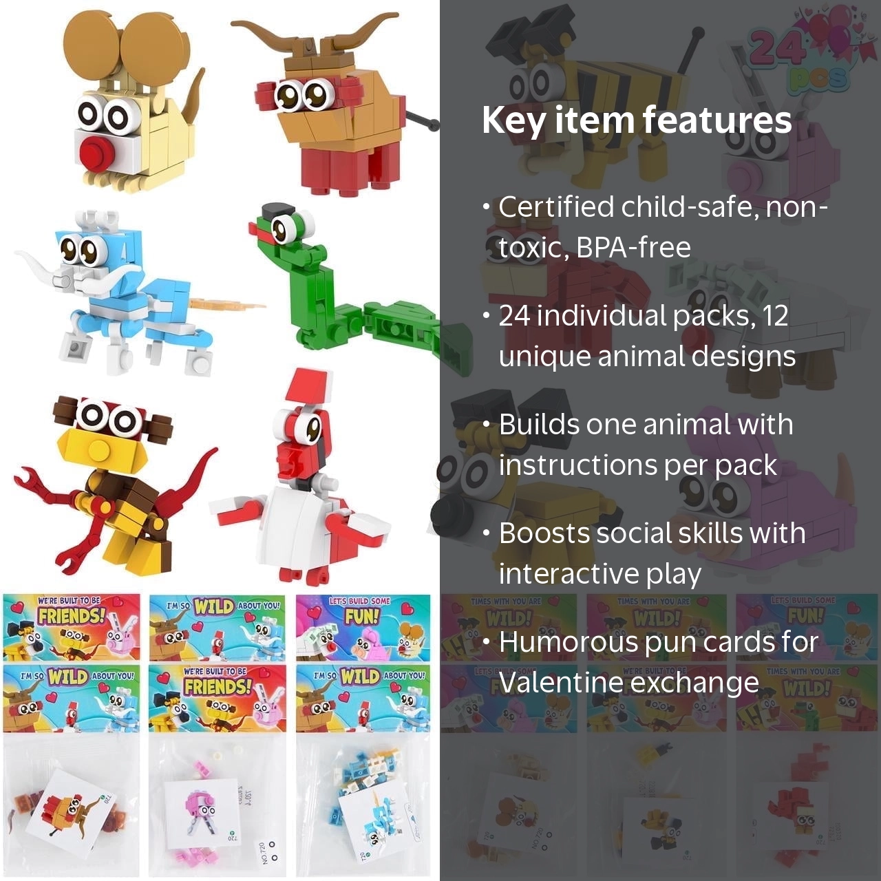 Joyfy 24 Packs Valentines Day Gift Cards with Animal Building