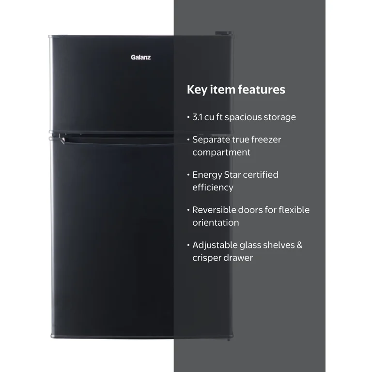 ②izm Galanz 3.1 Cu ft Two Door Mini Fridge, Black, Reversible Doors