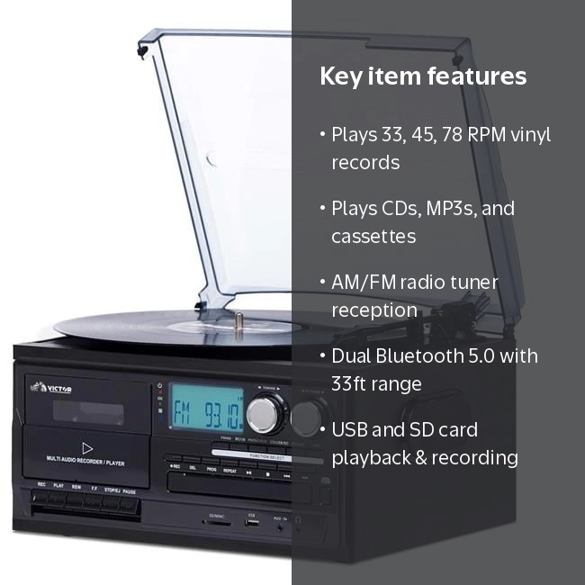 Victor Cosmopolitan 8-in-1 Turntable Music Center with Bluetooth