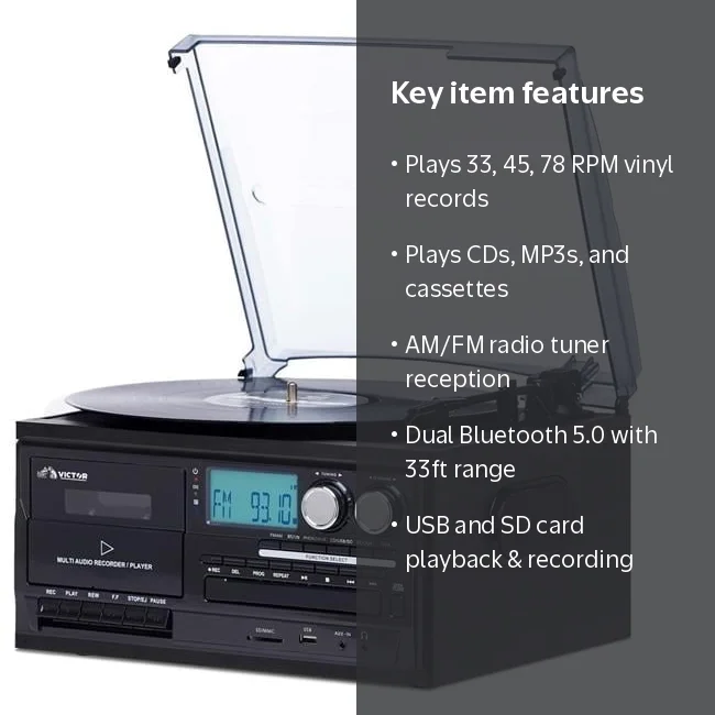 Victor Cosmopolitan 8-in-1 Turntable Music Center with Bluetooth Victor Cosmopolitan 8-in-1 Turntable Music Center with Bluetooth