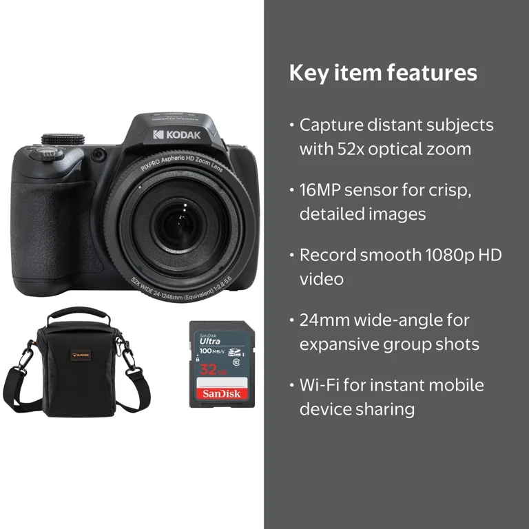 Kodak, Digital Camera, AZ528, Black, Bundle with 32GB Memory Card