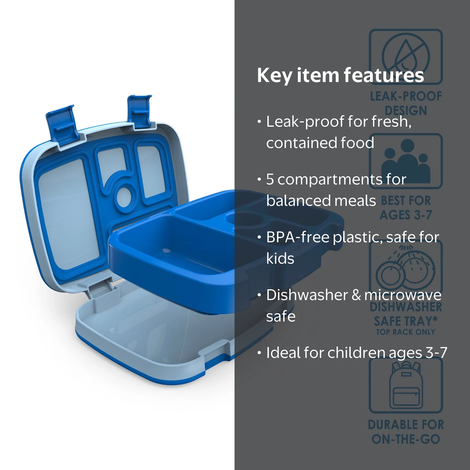 Bentgo Leak-Proof 5-Compartment Bento-Style Lunch Box, Kids, Blue 