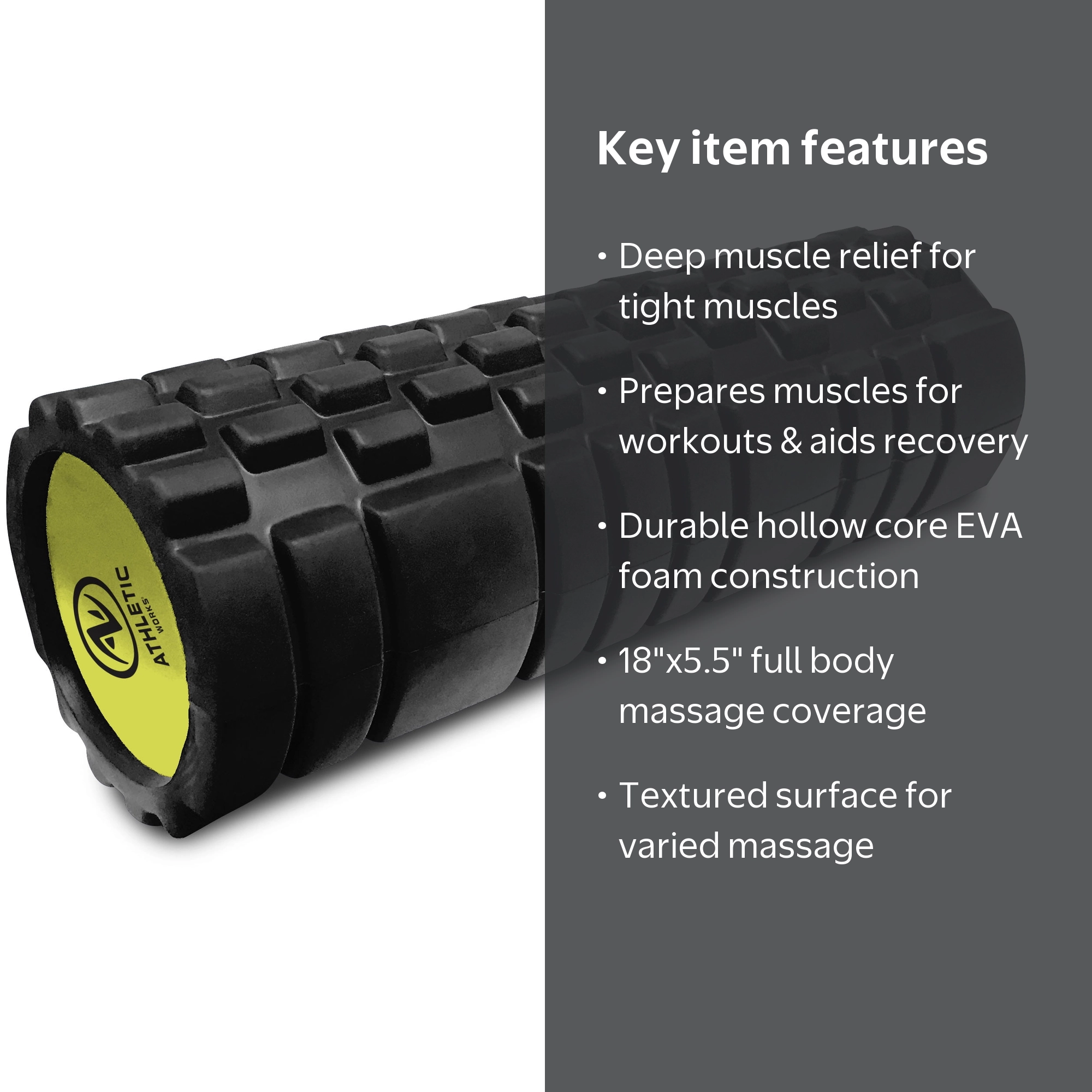 Athletic Works Firm Deep Tissue Foam Roller, Black, 18 in x 5.5 in