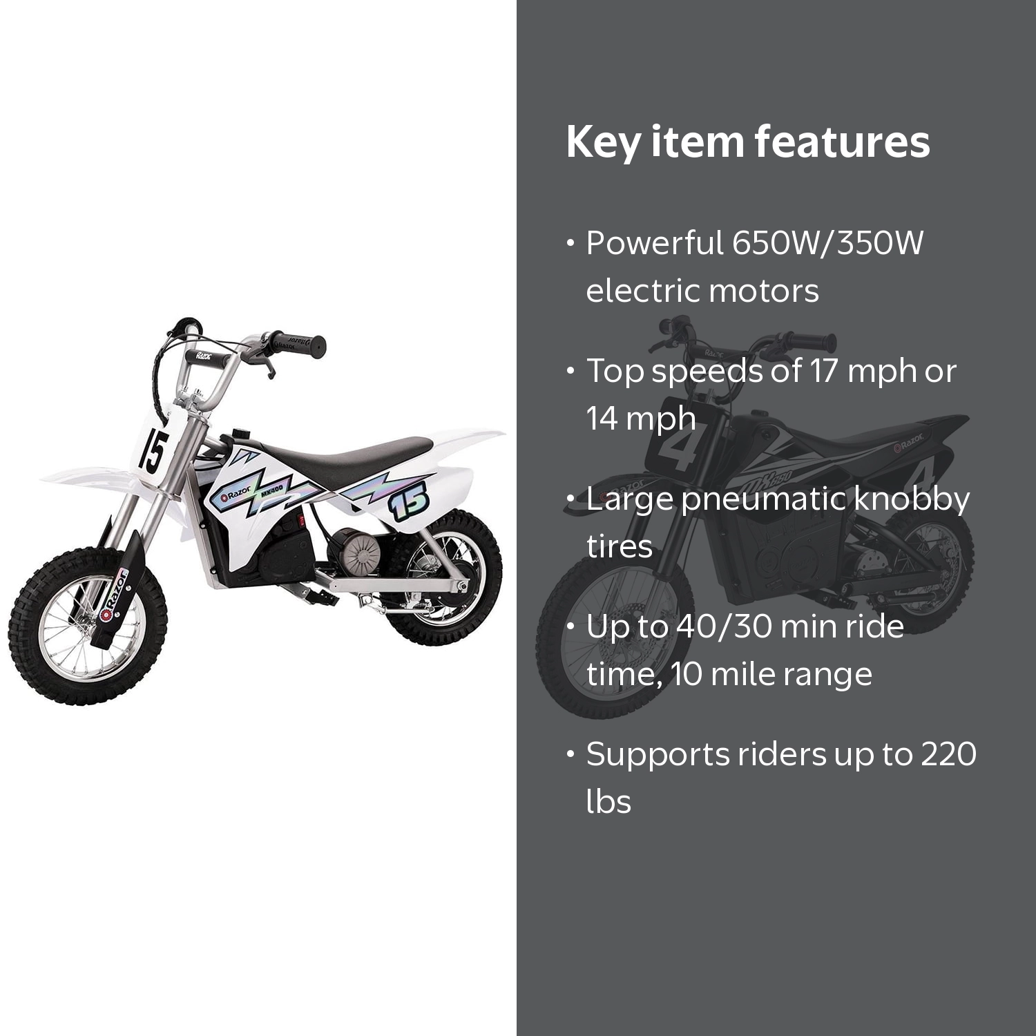 Razor MX400 and MX650 Electric Toy Dirt Bike, Off-Road, Up to 17