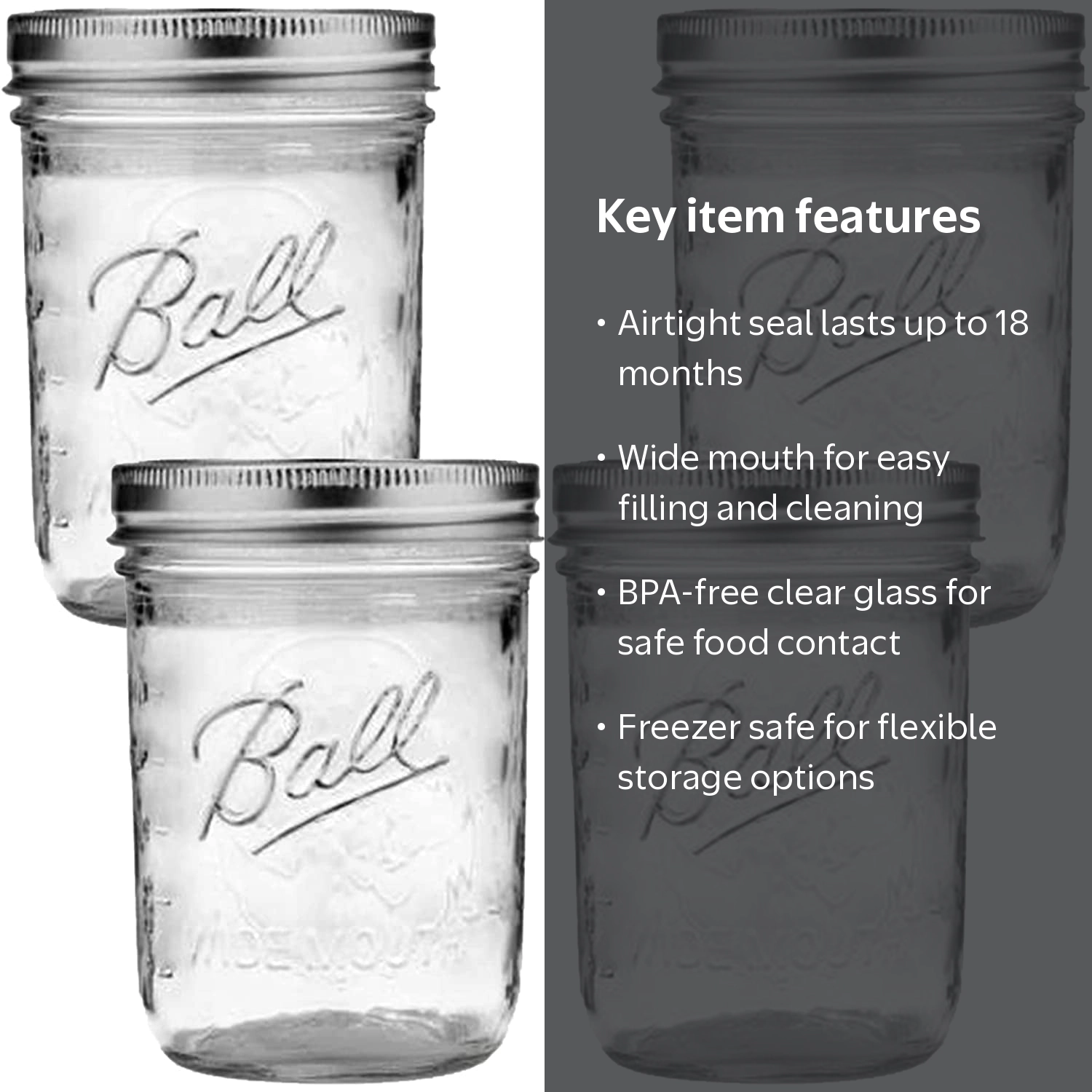 Ball, Wide Mouth Mason Jars, 16 fl oz, Freezer Safe 4-Pack