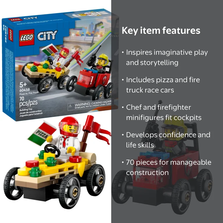 LEGO City Pizza vs. Fire Truck Race Car Pack, 70-piece, Multicolor