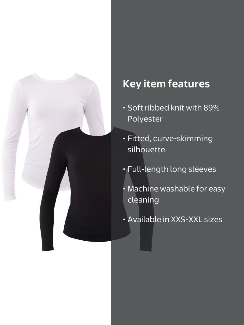 No Boundaries Ribbed Crewneck Long Sleeve Tee for Women, Soft Knit