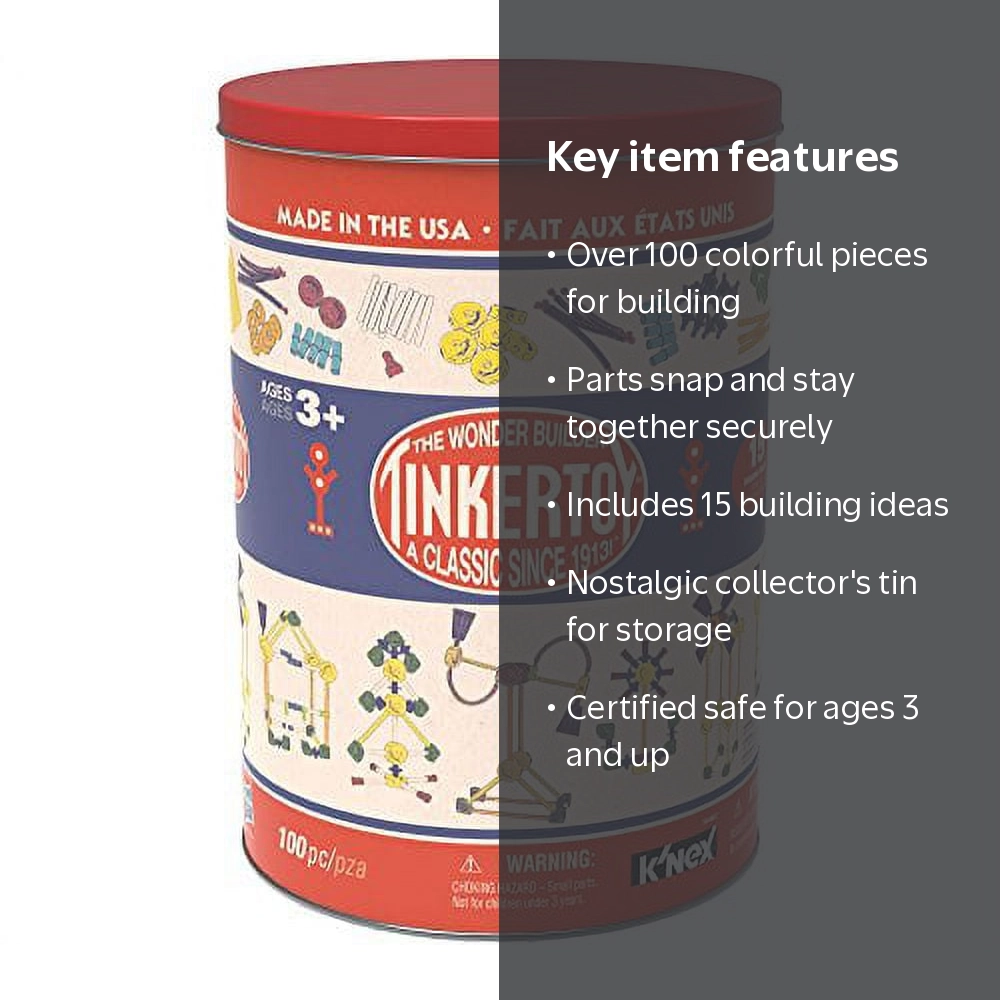 TINKERTOY - Classic Building Tin - 100 Plastic Parts - Collectible