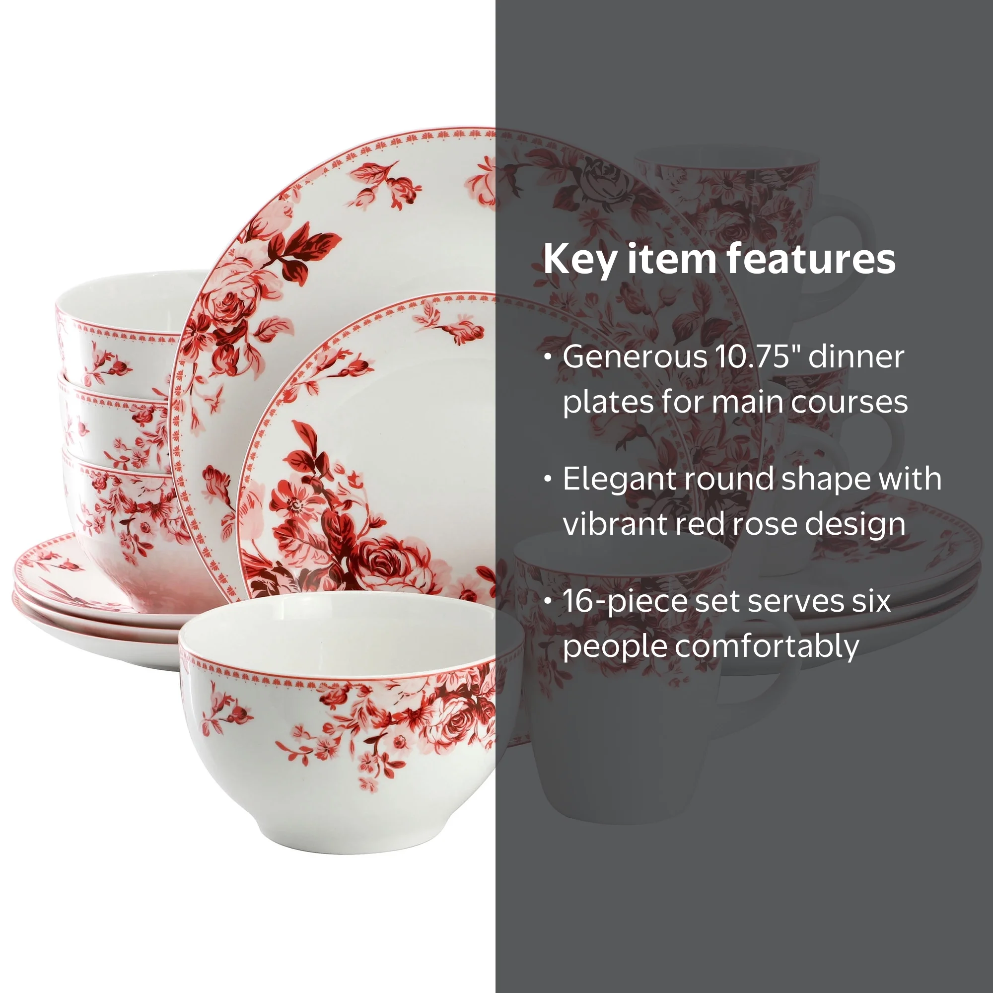 Elama Red Rose 16 Piece Stoneware Dinnerware Set, Service for 4